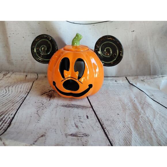Disney Mickey Mouse Jack O Lantern Ceramic Votive Candle Holder Ear Swirls - Picture 1 of 7